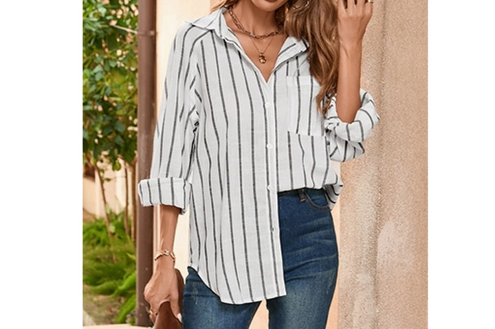 Collared Neck Button Down Stripe Blouse
