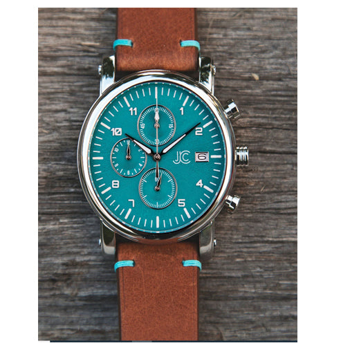J.Ciro S3 Teal Dial Chronograph Watch - Brown Strap