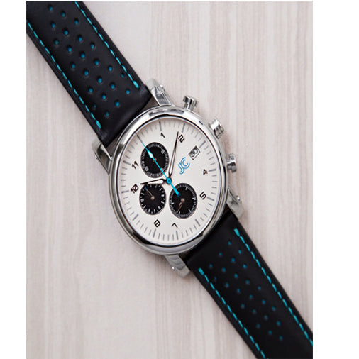 J.Ciro S3 Panda Chronograph Watch - Black Leather Blue Stitch Strap
