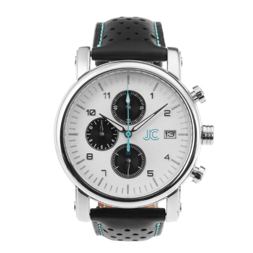 J.Ciro S3 Panda Chronograph Watch - Black Leather Blue Stitch Strap