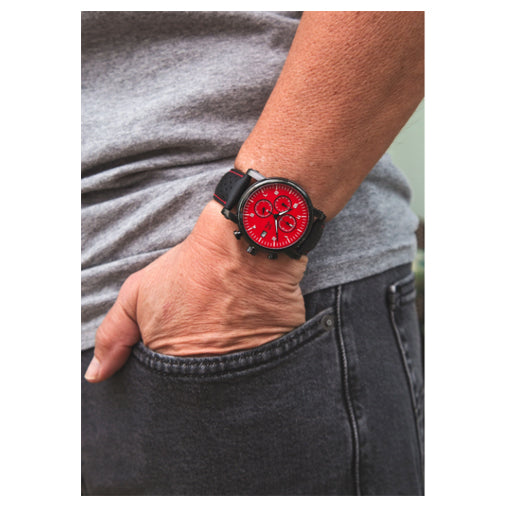 J.Ciro S3 Red Dial Chronograph Watch - Black Leather Red Stitch Strap