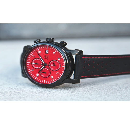 J.Ciro S3 Red Dial Chronograph Watch - Black Leather Red Stitch Strap