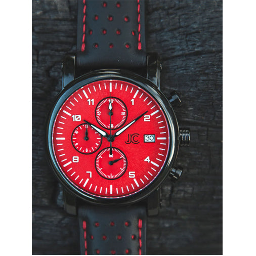 J.Ciro S3 Red Dial Chronograph Watch - Black Leather Red Stitch Strap