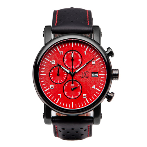 J.Ciro S3 Red Dial Chronograph Watch - Black Leather Red Stitch Strap