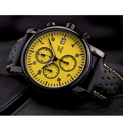 J.Ciro S3 Yellow Dial Chronograph Watch - Black Leather Yellow Stitch Strap