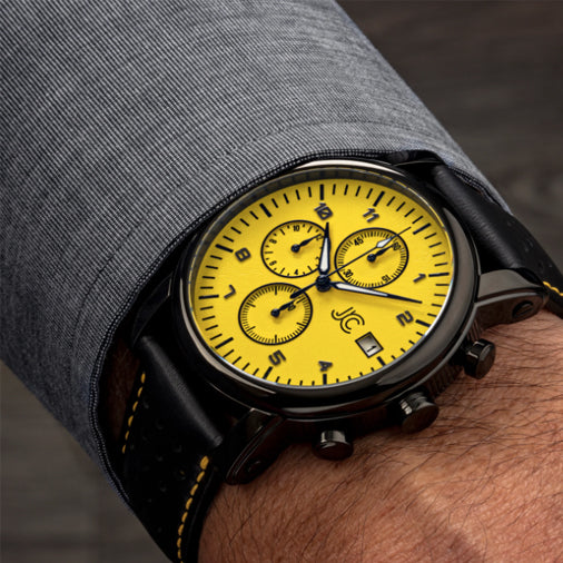 J.Ciro S3 Yellow Dial Chronograph Watch - Black Leather Yellow Stitch Strap