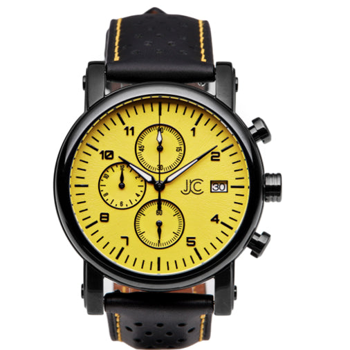 J.Ciro S3 Yellow Dial Chronograph Watch - Black Leather Yellow Stitch Strap