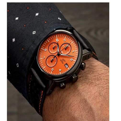 J.Ciro S3 Orange Chronograph Watch - Black Leather Orange Stitch Strap