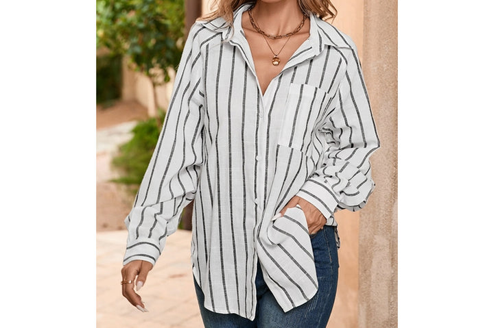 Collared Neck Button Down Stripe Blouse