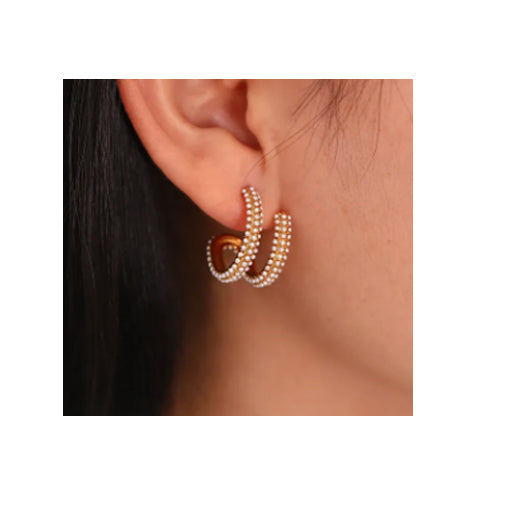 Classic C Shaped Pearl Layered Earrings - 18K Gold Plated