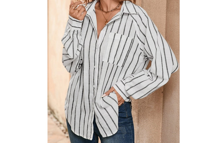 Collared Neck Button Down Stripe Blouse