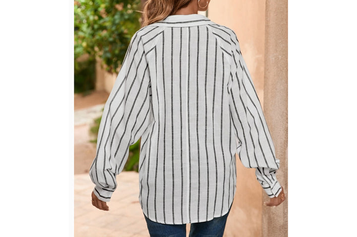 Collared Neck Button Down Stripe Blouse