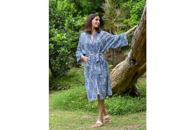 Handprint - Cloisters Denim on White Kimono