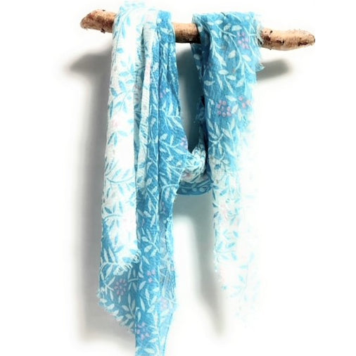 Cotton Gauze Scarf with Floral Prints - Teal