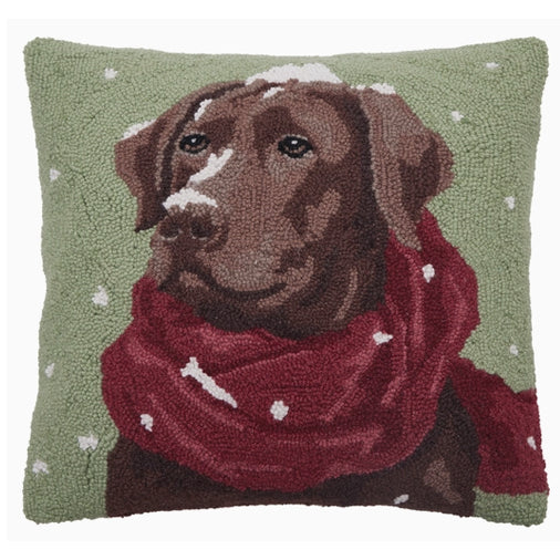 Snowy Chocolate Lab Hook Pillow 18"