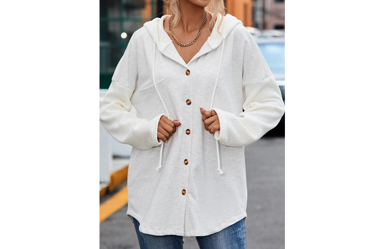 Button Up Contrast Knit Sleeve Hooded Jacket