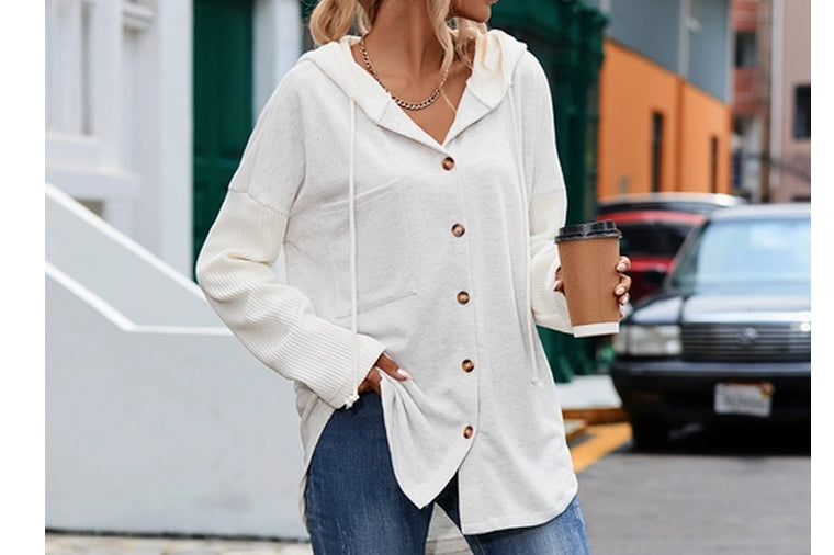 Button Up Contrast Knit Sleeve Hooded Jacket