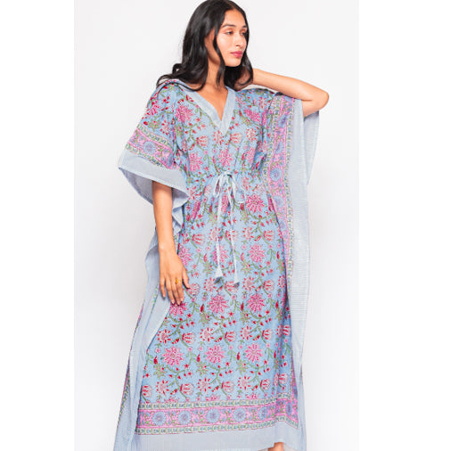 Shibori Caftan - Anjali Block Print Blue & Pink