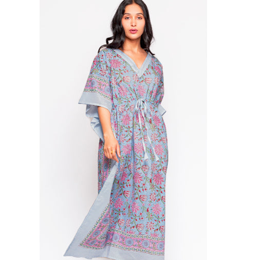 Shibori Caftan - Anjali Block Print Blue & Pink