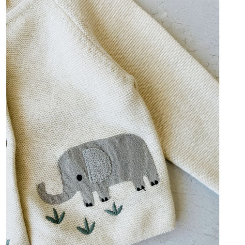 Animal Safari Embroidered Baby Cardigan Sweater - Natural