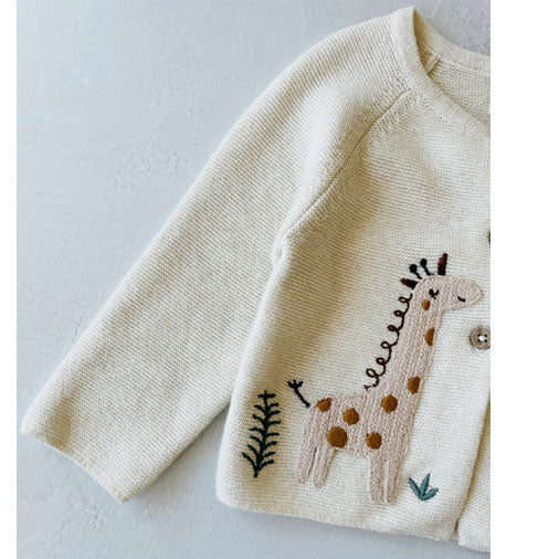 Animal Safari Embroidered Baby Cardigan Sweater - Natural