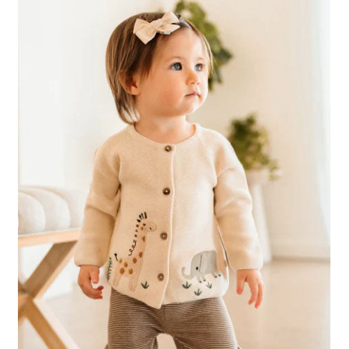 Animal Safari Embroidered Baby Cardigan Sweater - Natural