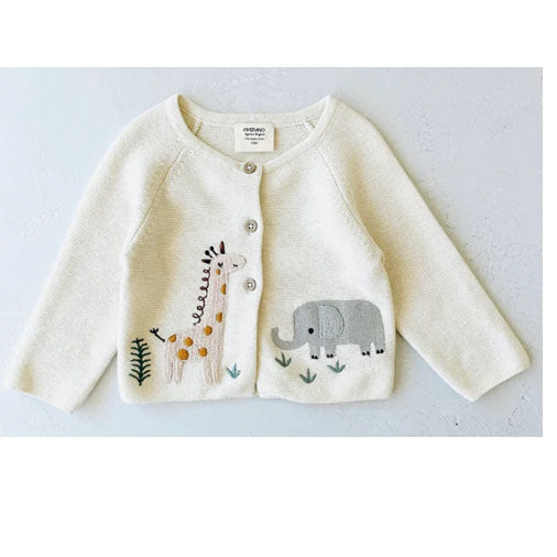 Animal Safari Embroidered Baby Cardigan Sweater - Natural