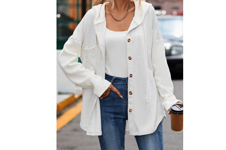 Button Up Contrast Knit Sleeve Hooded Jacket