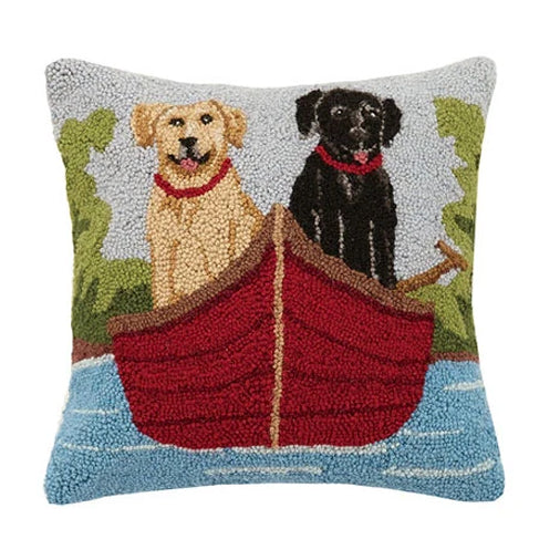 Dogs On Canoe Wool Hook Pillow 16"
