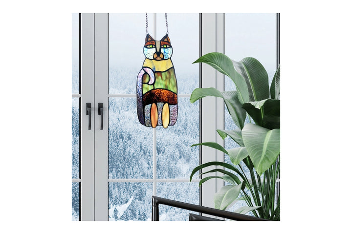 River of Goods - Cecilia the Cat Multicolor Stained Glass Window Panel