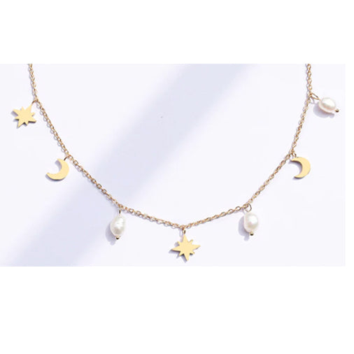 Star Moon Freshwater Pearl  Necklace -18K Gold Plated
