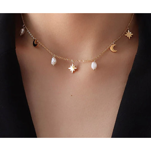 Star Moon Freshwater Pearl  Necklace -18K Gold Plated