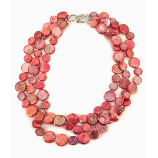 Sea Lily Coral 3-Strand Mother of Pearl Coin Necklace