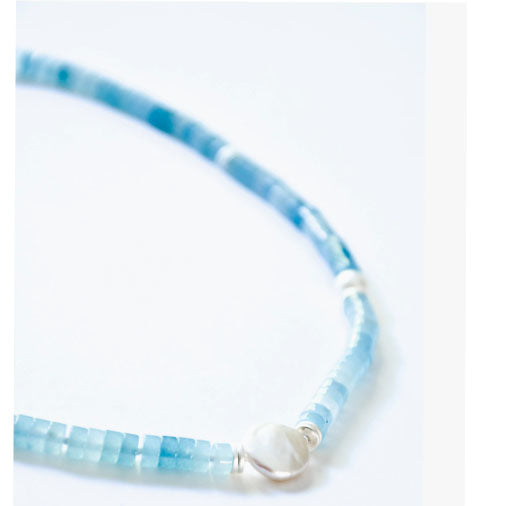 Sea Lily Aqua Quartz Beaded Necklace with Coin Pearl