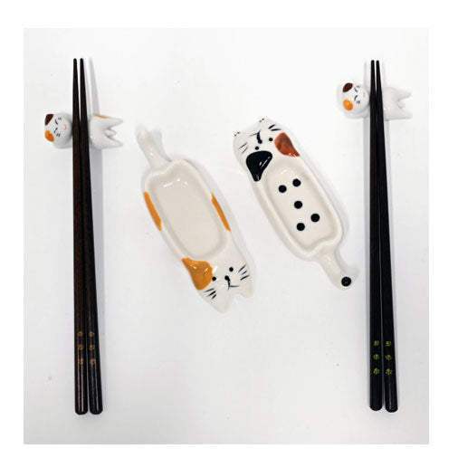 Cat 6-Piece Chopsticks, Sauce Dish & Rest Gift Set