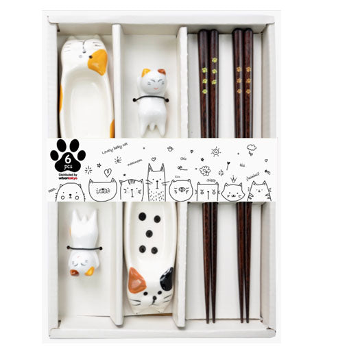 Cat 6-Piece Chopsticks, Sauce Dish & Rest Gift Set