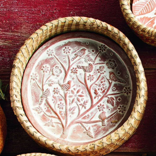 Birds of a Feather Bread Warmer –  Terracotta Stone & Woven Kaisa Grass Basket