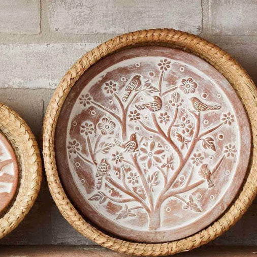 Birds of a Feather Bread Warmer –  Terracotta Stone & Woven Kaisa Grass Basket