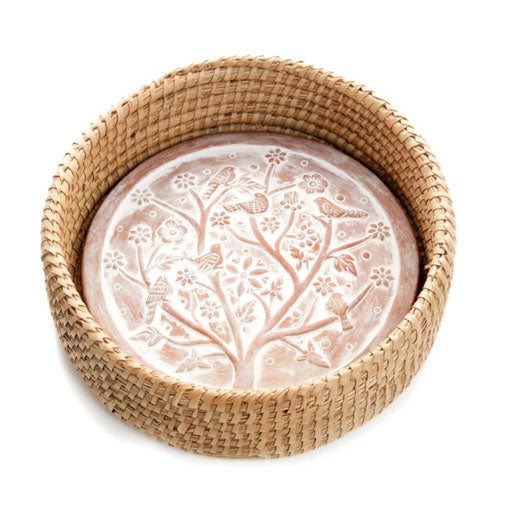 Birds of a Feather Bread Warmer –  Terracotta Stone & Woven Kaisa Grass Basket