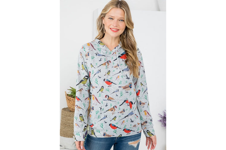 Bird Print Hoodie with Pockets