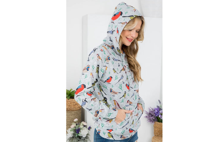 Bird Print Hoodie with Pockets