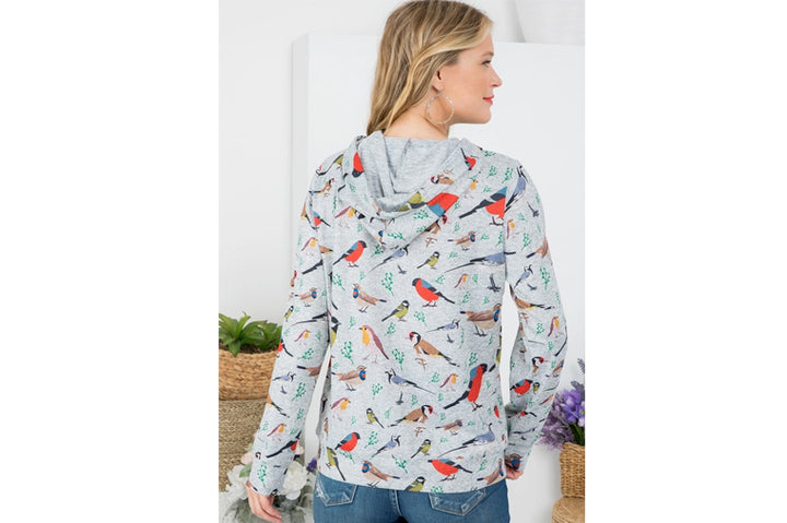 Bird Print Hoodie with Pockets