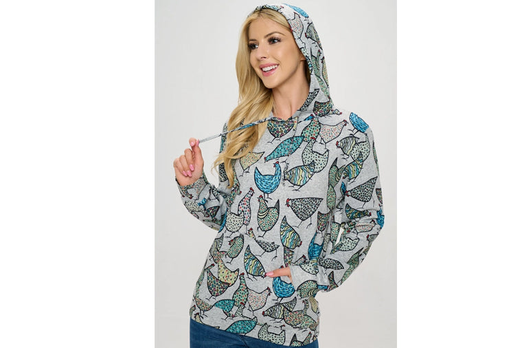 Chicken Print Hoodie with Pockets