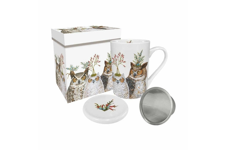 Vicki Sawyer - Holiday Hoot Gift Boxed Tea Mug with Lid and Strainer