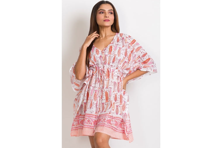 Block Print Caftan - Salmon Fish